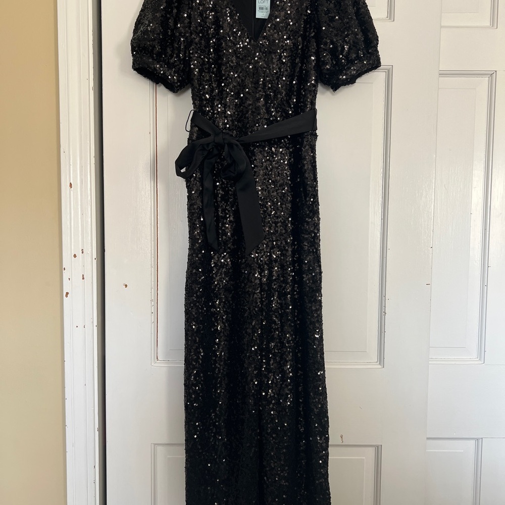 LOFT Black Sequin Jumpsuit Tie Waist